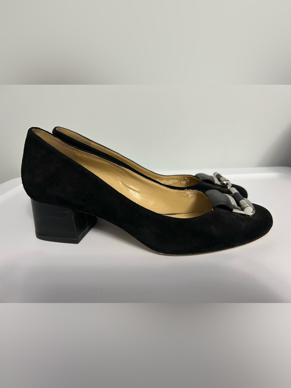 Michael Kors Black Suede Block Heel Pumps with Bow Accent